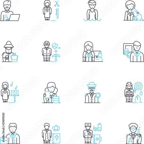 Job positions linear icons set. Accountant, Administrator, Analyst, Architect, Artist, Athlete, Attorney line vector and concept signs. Baker,Barber,Bartender outline illustrations Generative AI