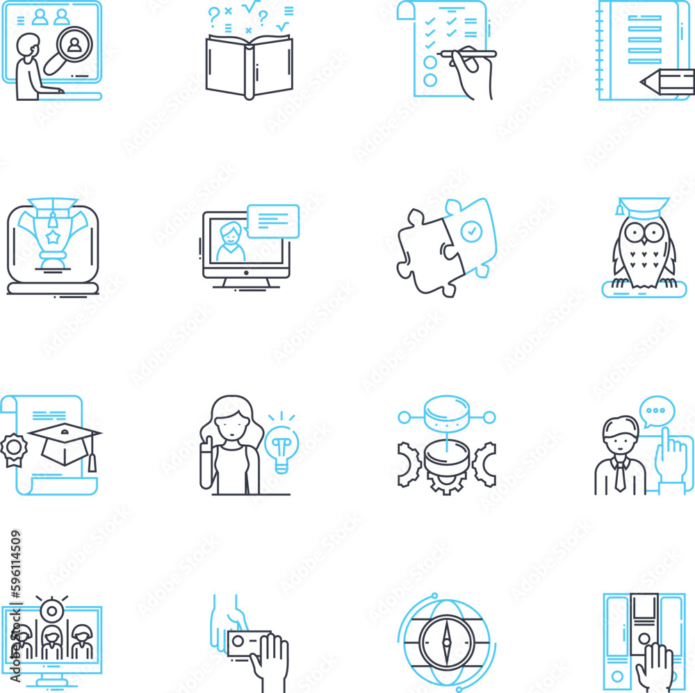 Virtual college linear icons set. E-learning, Online courses, Distance education, Webinar, Digital classroom, Cyber campus, Video lectures line vector and concept signs. Virtual Generative AI Virtual college linear icons set. E-learning, Online courses, Distance education, Webinar, Digital classroom, Cyber campus, Video lectures line vector and concept signs. Virtual Generative AI