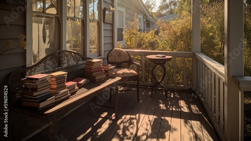 Reading a book on a bench near house exterior. AI generated