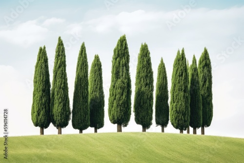 serene landscape with a row of trees on a green field. Generative AI