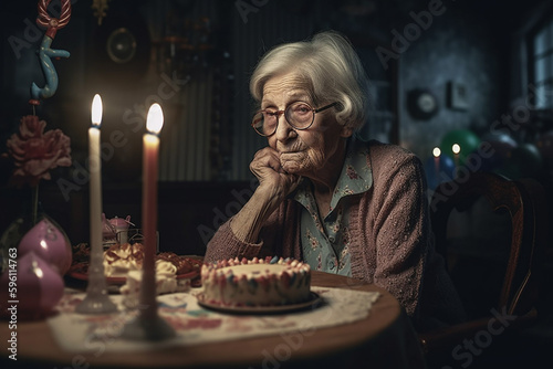 a sad or depressed or angry grandma, old woman on her birthday, on a chair at a table with a birthday cake, fictional person in fictional place. Generative AI © wetzkaz