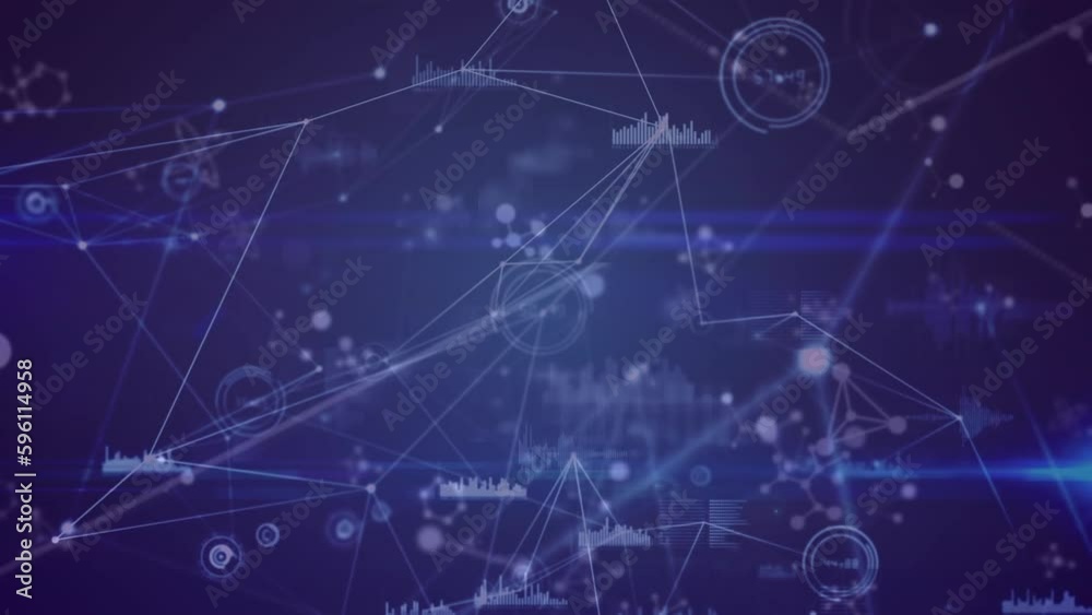 Animation of connected dots with graph icons over nucleotides against blue background Animation of connected dots with graph icons over nucleotides against blue background