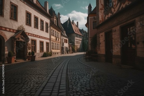 Photo of the main street in a castle town. Generative AI © Ramin