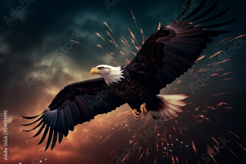 A bald eagle soaring through the sky, clutching the U.S. flag in its talons while hovering against a fireworks show. Generative AI photo