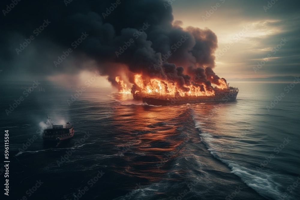 Burning ships on sea, smoke, climate disaster. Generative AI