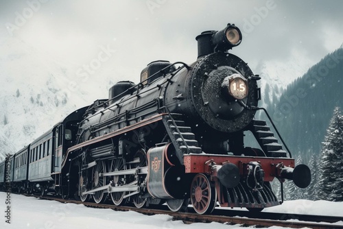 Old locomotive in snow-covered mountains. Wide banner view. Generative AI