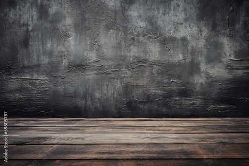 an abandoned room with a worn wooden floor and a distressed wall in the background. Generative AI