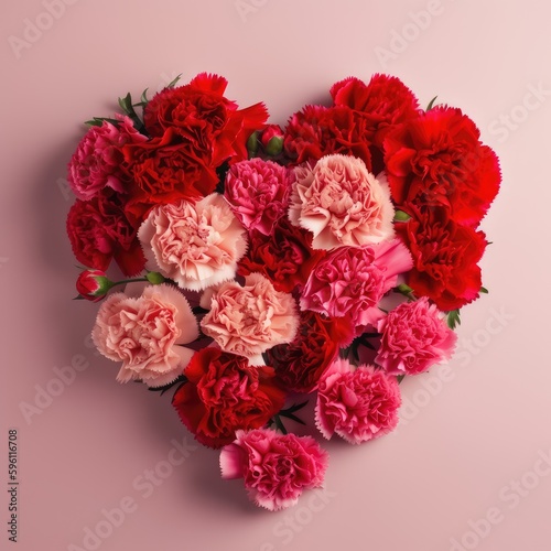 Red and pink carnations in a heart-shaped arrangement. Mother s Day Flowers Design concept.