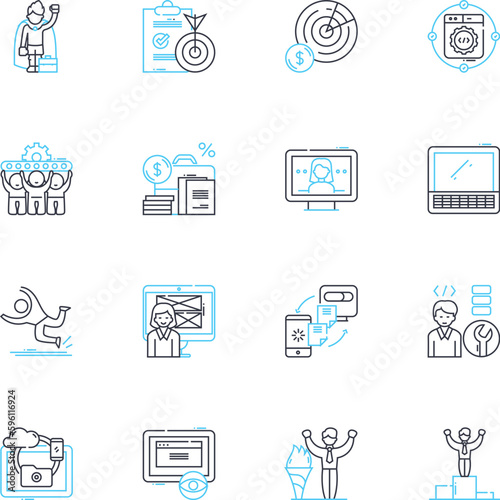 Cloud computing linear icons set. Virtualization, Accessibility, Elasticity, Scalability, Deployment, Integration, SaaS line vector and concept signs. PaaS,IaaS,Public Cloud outline illustrations
