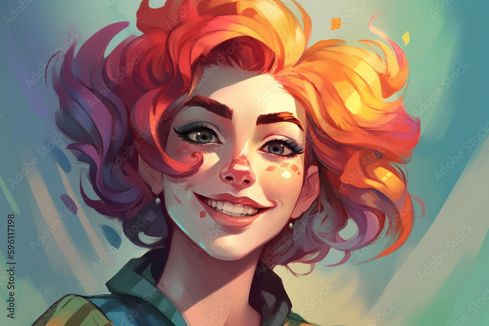 A cartoony human portrait of a young woman with bright, rainbow-colored hair and a wide, toothy grin. A cartoony human portrait of a young woman with bright, rainbow-colored hair and a wide, toothy grin.