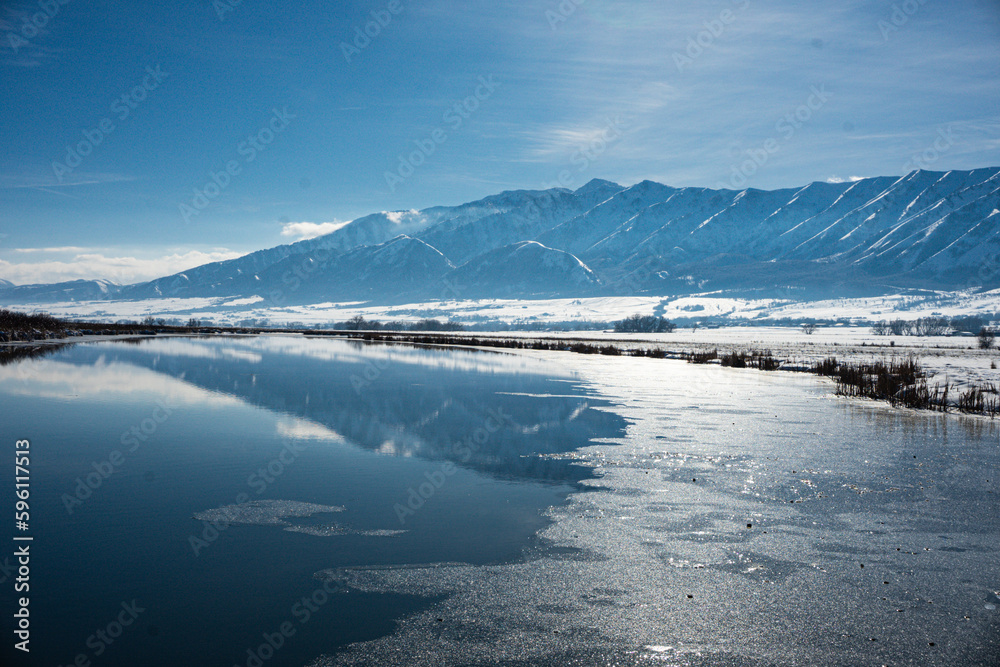 Snowy Mountain Range Reflection over a lake