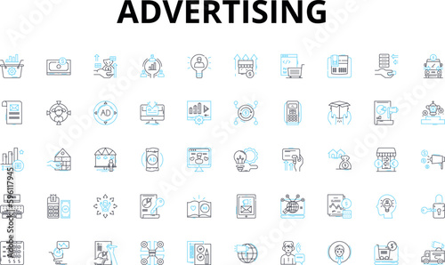 Advertising linear icons set. Promote, Branding, Campaigns, Media, Awareness, Exposure, Marketing vector symbols and line concept signs. Messaging,Publicity,Creative illustration