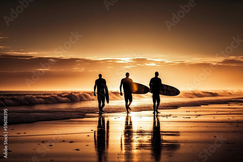 Silhouette of three surfer friends, at sunset, on a beach, with their boards. Ai generated.