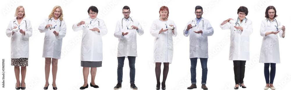 group of doctors holding jar isolated on white