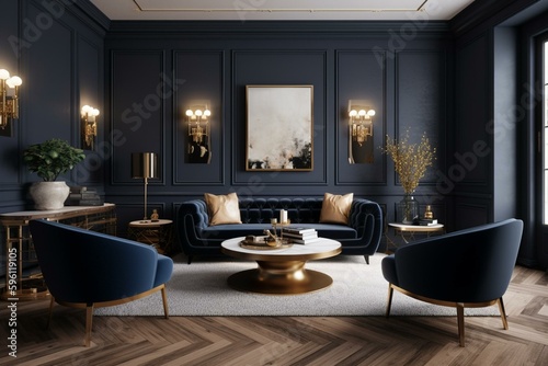 A 3D rendered modern living room with dark blue armchairs  gold coffee table  wooden floor  and gray decorative plaster wall. Luxurious lobby concept. Generative AI