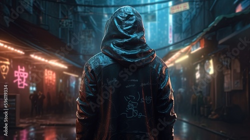 cyberpunk player hooded, digital art illustration, Generative AI