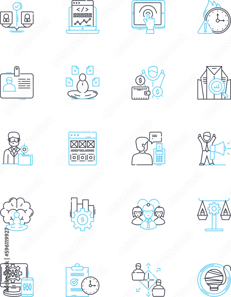 Job evaluation linear icons set. Compensation, Appraisal, Salary, Analysis, Ranking, Grades, Classification line vector and concept signs. Benchmarking,Grading,Job grading outline illustrations Job evaluation linear icons set. Compensation, Appraisal, Salary, Analysis, Ranking, Grades, Classification line vector and concept signs. Benchmarking,Grading,Job grading outline illustrations