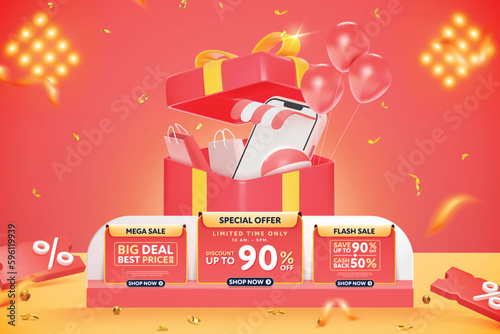 3D-style vector gift box podium and 3D elements are available for use on online shopping websites or in social media advertising.