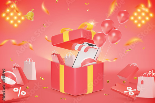 3D-style vector opening gift box podium and 3D elements are available for use on online shopping websites or in social media advertising.