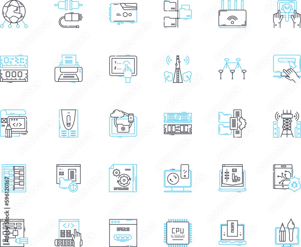 Electronic equipment linear icons set. Gadgets, Devices, Technology, Automation, Compnts, Cybersecurity, Robotics line vector and concept signs. Digital,Innovations,Circuitry outline illustrations