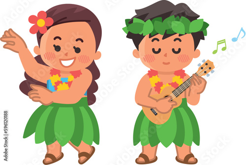 ハワイの子供　ウクレレを弾く男の子　フラダンスを踊る女の子