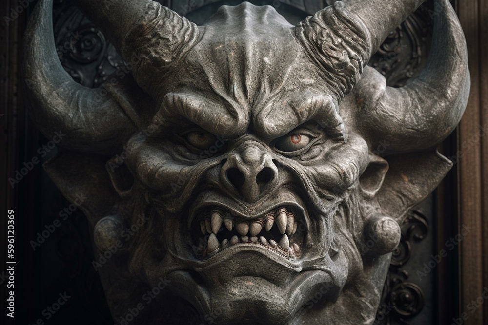 Stone devil head relief in CGI graphics. Generative AI