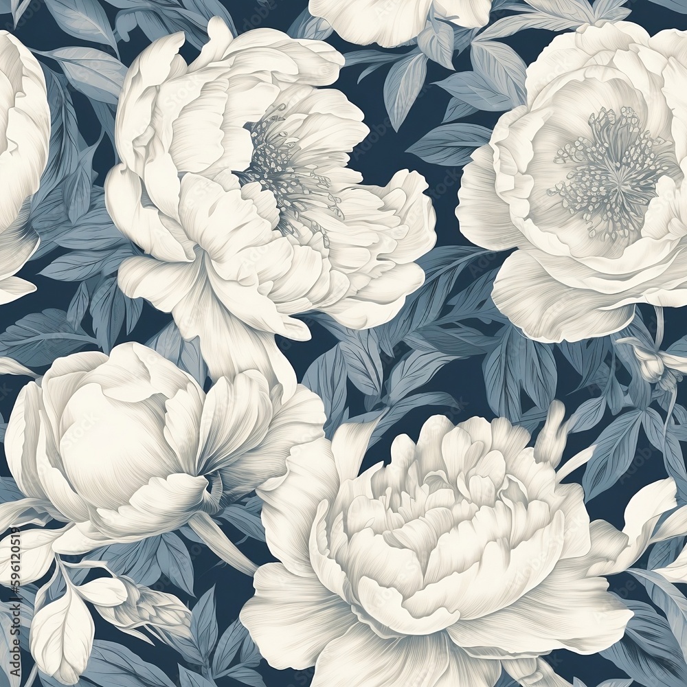 Seamless floral pattern with white peonies and blue leaves created with ...