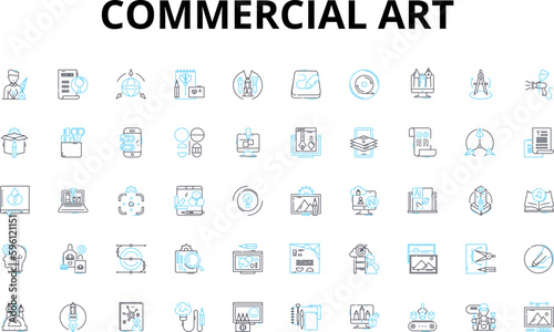 Commercial art linear icons set. Aesthetics, Creativity, Design, Graphics, Imagery, Advertising, Branding vector symbols and line concept signs. Visuals,Typography,Illustration illustration