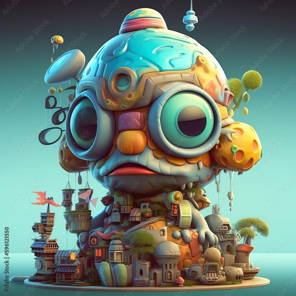 Mystical Metropolis 3D Render Monster Mushrooms in Cyberpunk Ambiance