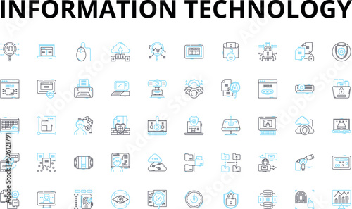 Information technology linear icons set. Digital, Nerk, Cloud, Cybersecurity, Coding, Analytics, Web vector symbols and line concept signs. Database,Hardware,Software illustration