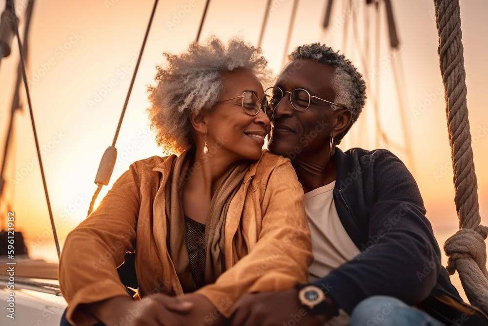 Φωτογραφία Happy senior African couple in love enjoying a romantic sunset on yacht in the s