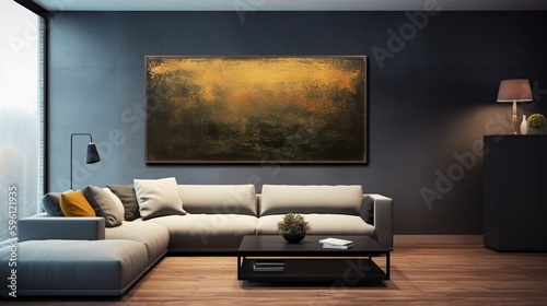 Living room with big art wall and sofa. AI generated