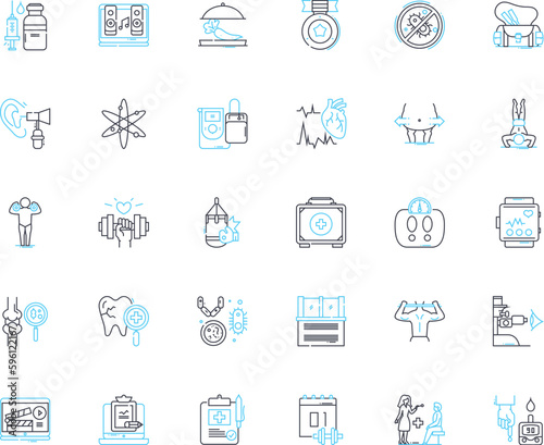Patient care linear icons set. Compassion, Empathy, Respect, Quality, Safety, Comfort, Communication line vector and concept signs. Dignity,Understanding,Concern outline illustrations