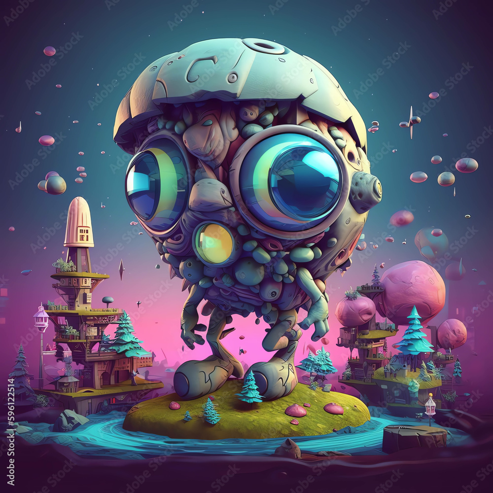 Cyberpunk Fantasy 3D Render Monster Mushrooms Amidst Urban Cityscape