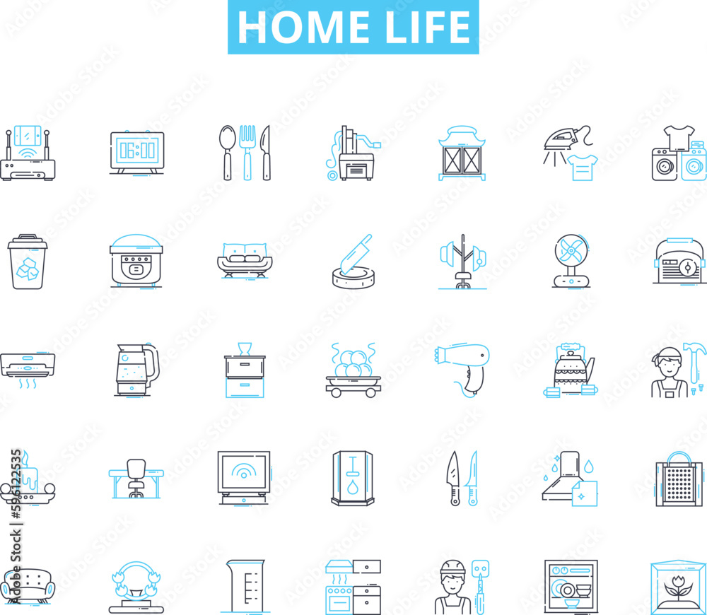 Home life linear icons set. Comfort, Cozy, Family, Love, Memories, Laughter, Warmth line vector and concept signs. Sanctuary,Relaxation,Routine outline illustrations