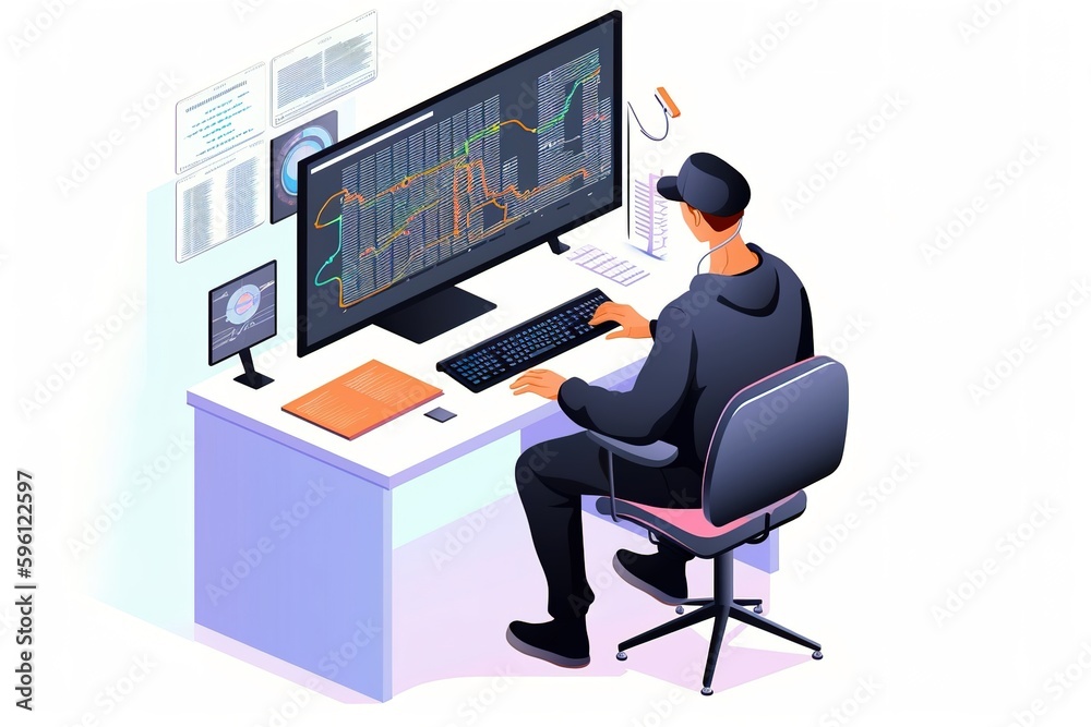 Isometric digital illustration of computer programmer working on his desk. Generative AI Isometric digital illustration of computer programmer working on his desk. Generative AI