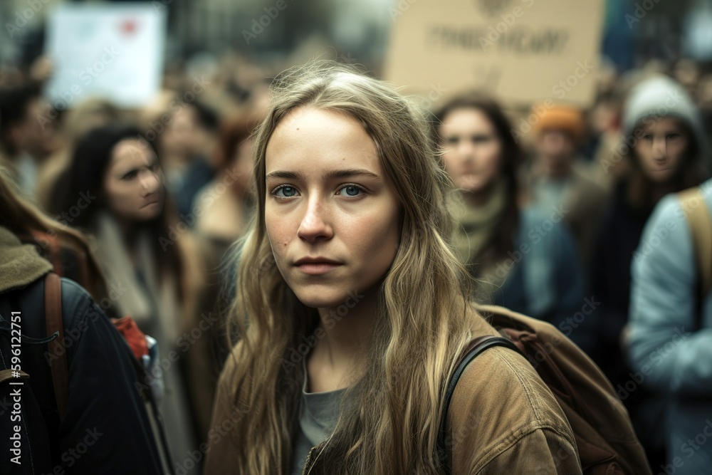 Teenage girl during protest for climate change. Generative AI