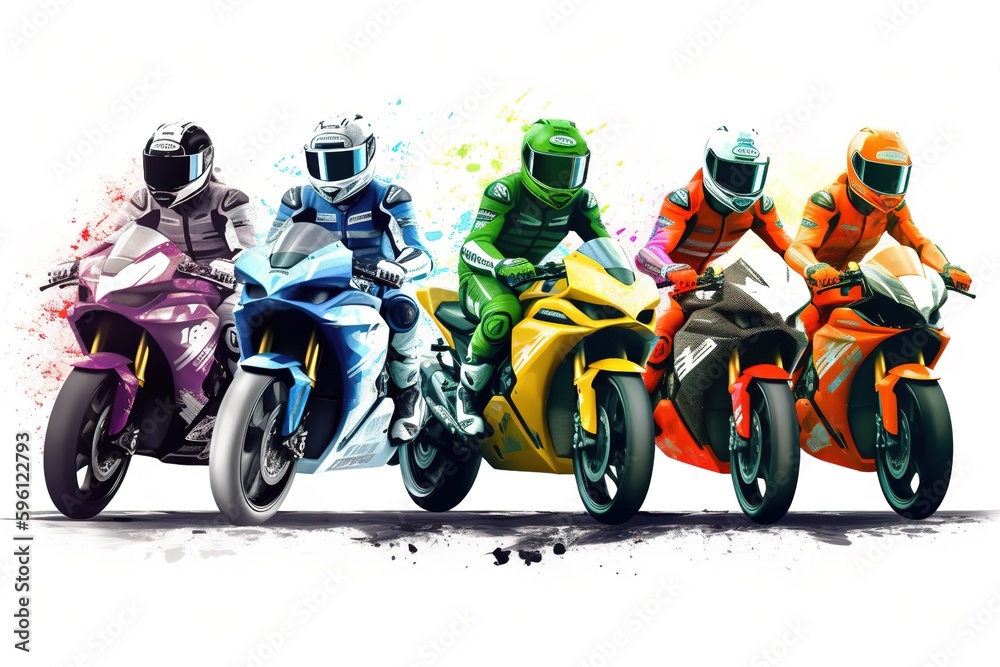 Motorbike riders team with colorful suits over white background. Generative AI