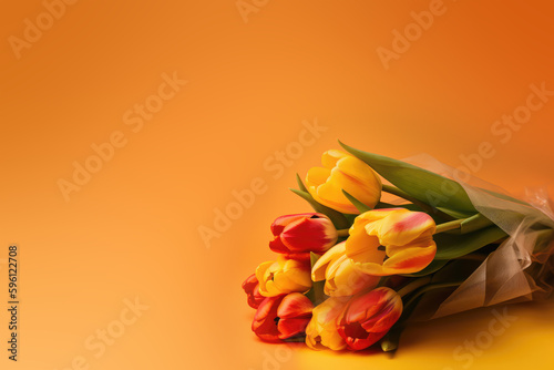 Bouquet of tulips on orange background, Mother's Day, Spring, Card, Writing room, Generative AI, Generative, AI