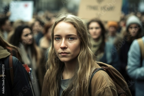 Teenage girl during protest for climate change. Generative AI