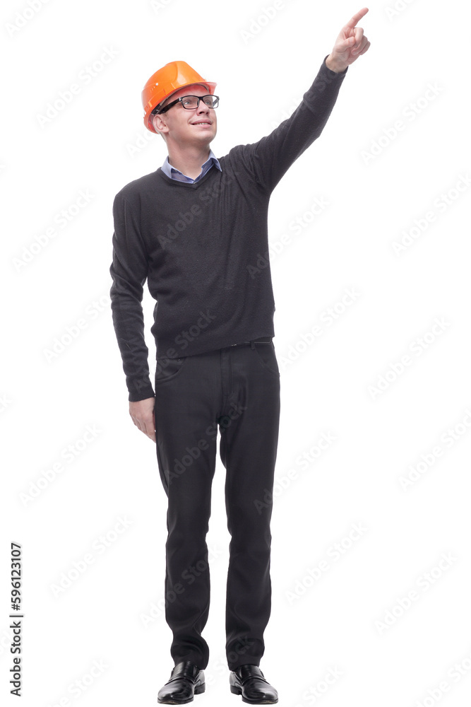 Handsome young man with protective helmet on his head and arms crossed