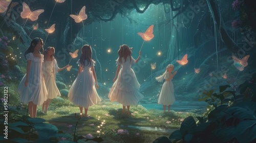 group of fairy princess, digital art illustration, Generative AI