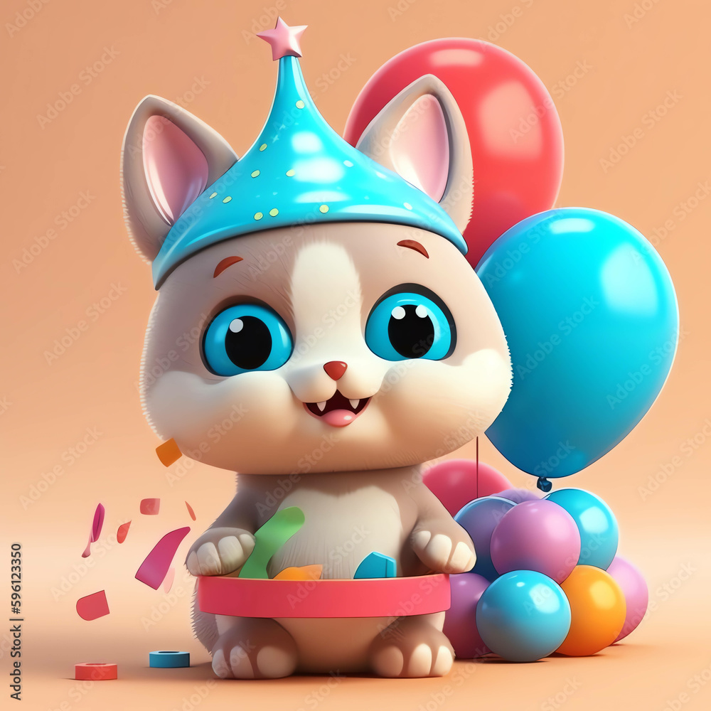 Happy Birthday cat 3D Animation Image for background and Wallpaper Design. AI Generated