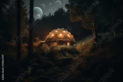 Night forest with glowing mushroom house & dark sky. Generative AI