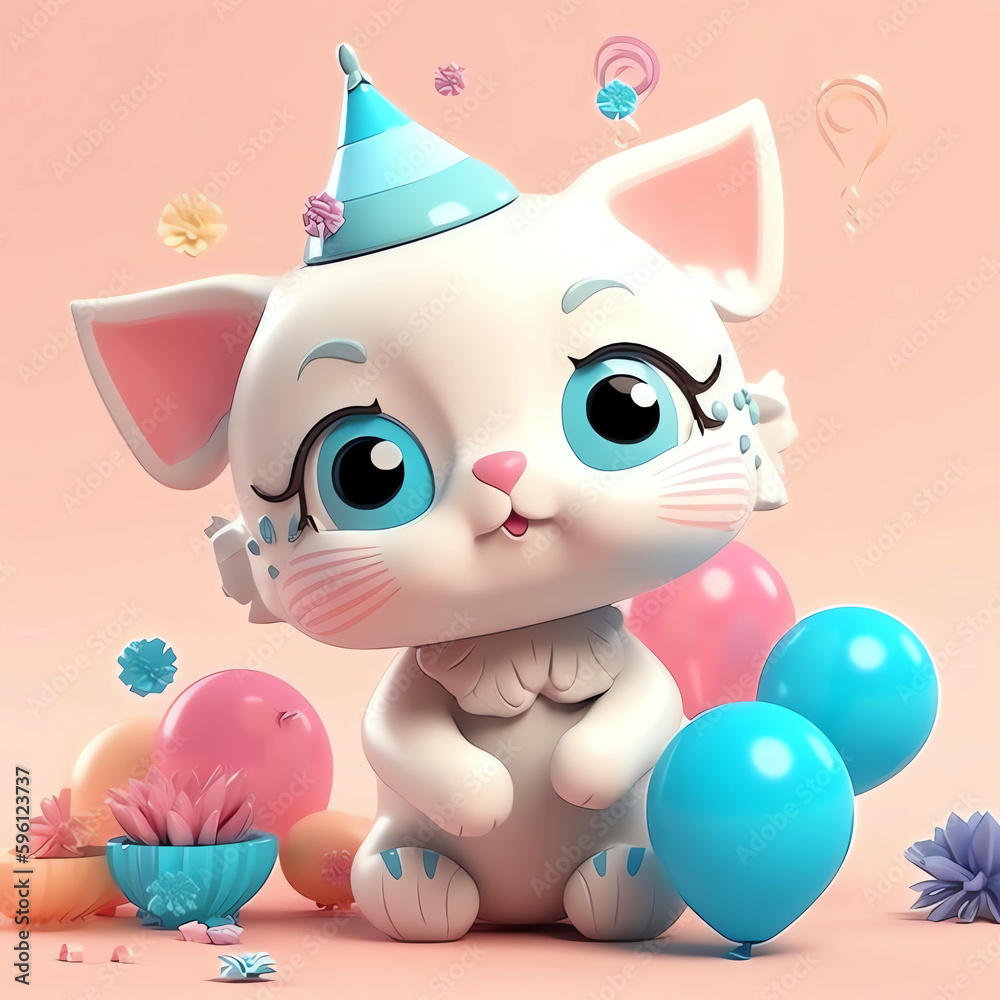 happy birthday adorable and cute colorful 3D cat character design illustration and wallpaper background