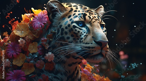 majestic leopard with colorful flower  digital art illustration  Generative AI