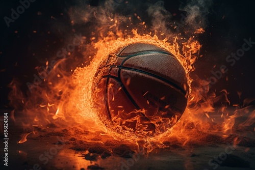 A basketball engulfed in flames with orange sparks representing flight. Generative AI