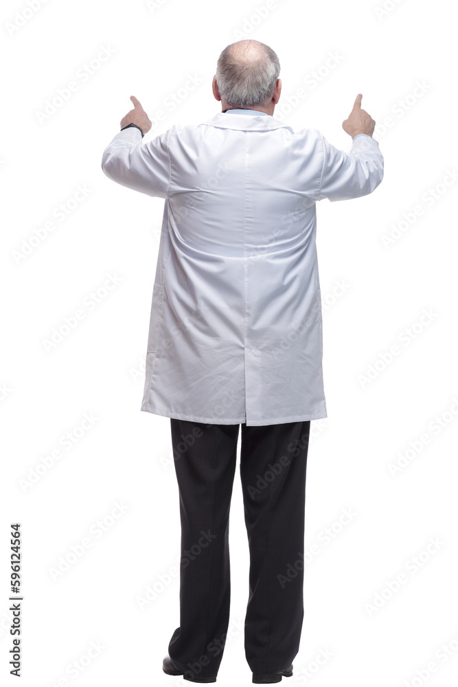 rear view. medical doctor reading an ad on a white screen rear view. medical doctor reading an ad on a white screen