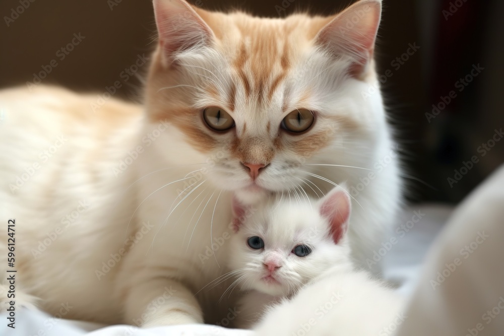 Cute shot of mommy cat with her baby kitten. Generative AI Cute shot of mommy cat with her baby kitten. Generative AI
