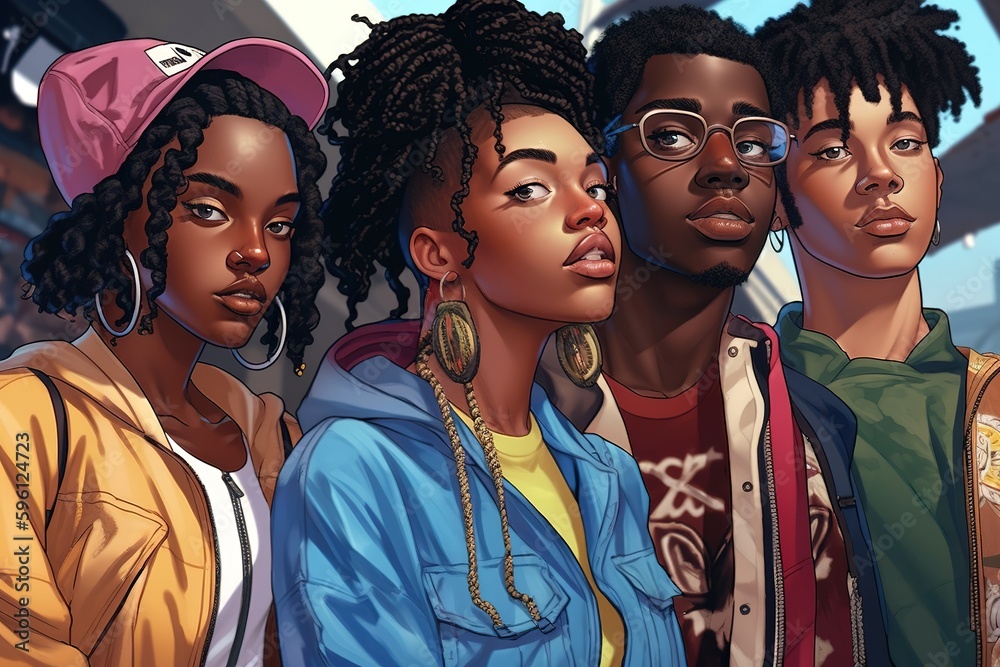 Fototapeta premium Digital illustration of African American Generation Z teenagers. Generative AI
